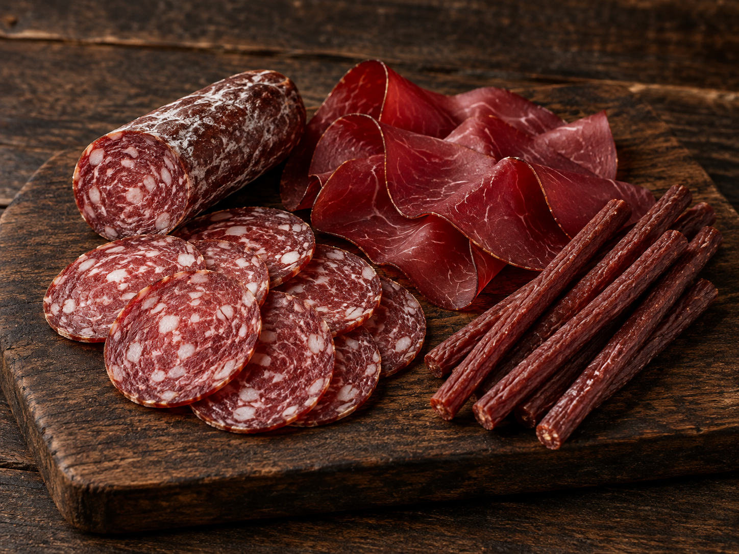 AI-generated charcuterie platter with dry beef salami, sliced bresaola, and beef sticks
