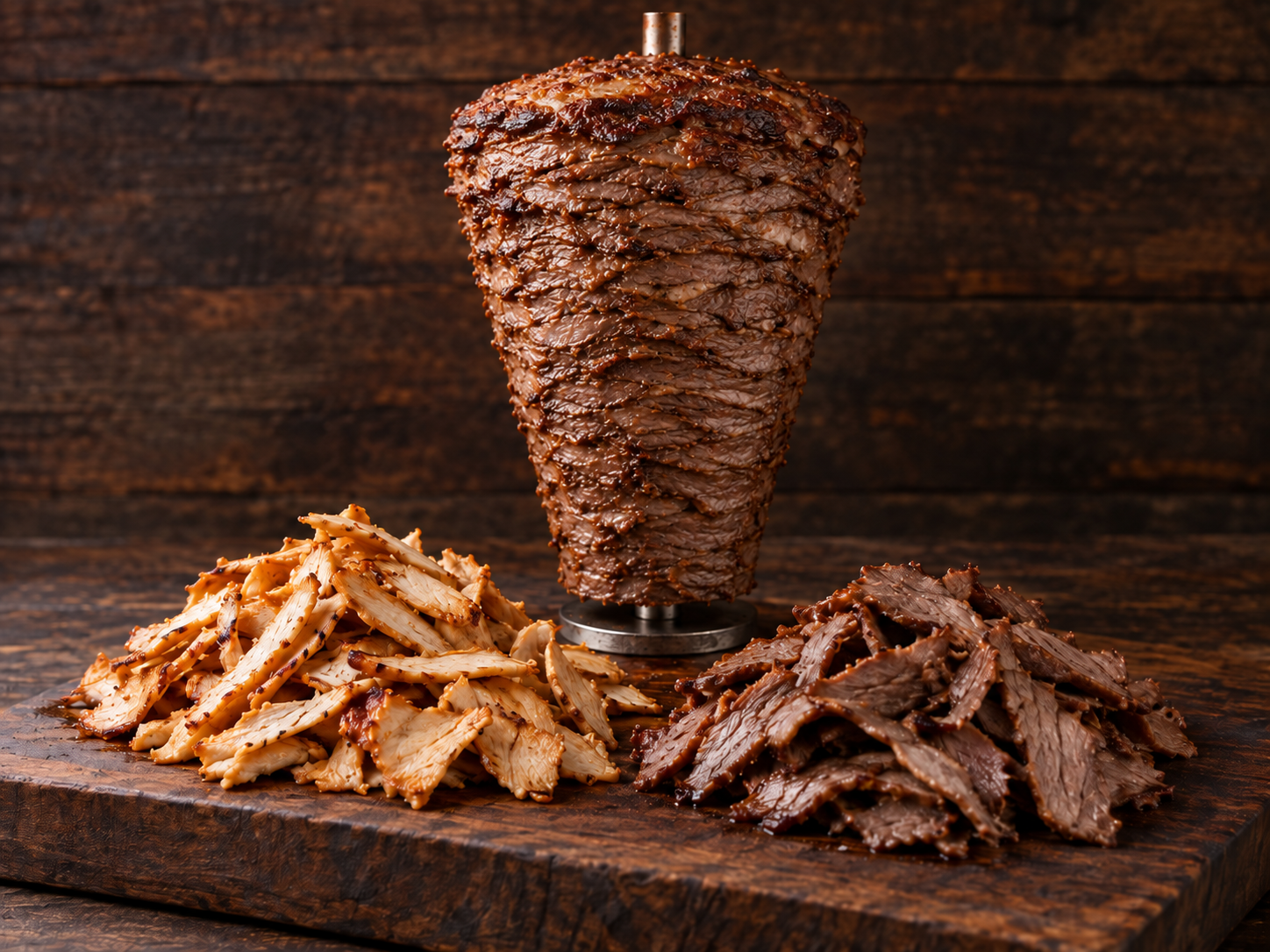 AI-generated product illustration of chicken and beef gyro slices with a layered whole-muscle yaprak döner cone