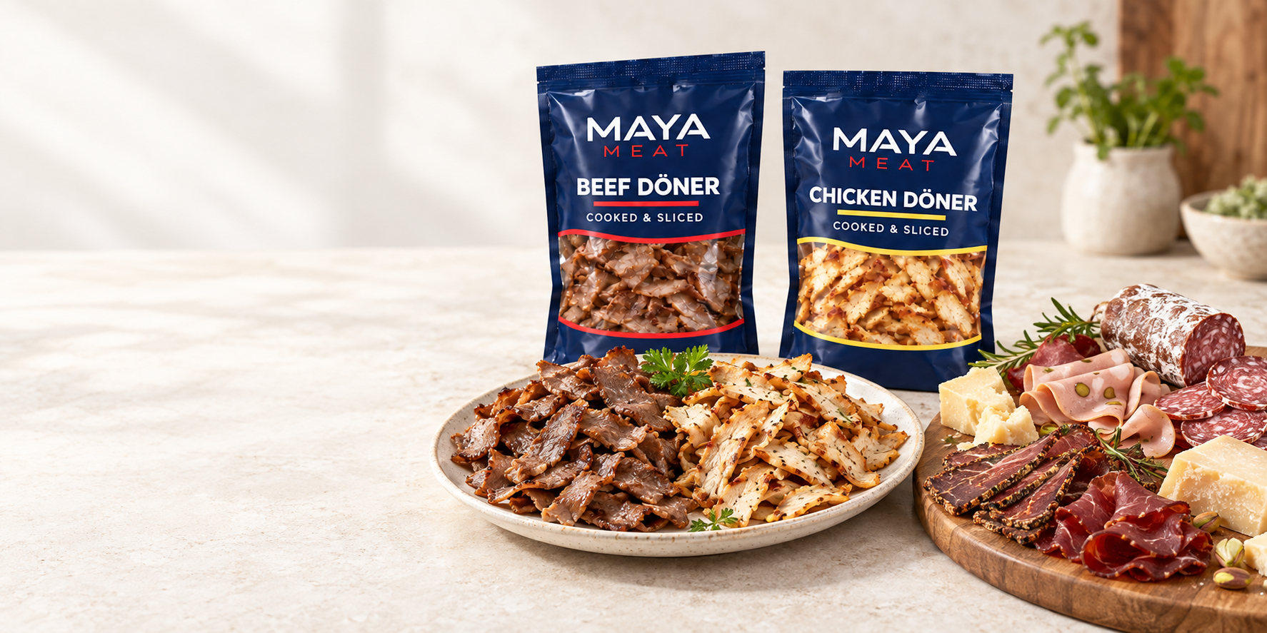 MAYA beef and chicken döner packages behind a plate of sliced gyro, beside a cheese and charcuterie board; AI-generated serving suggestion